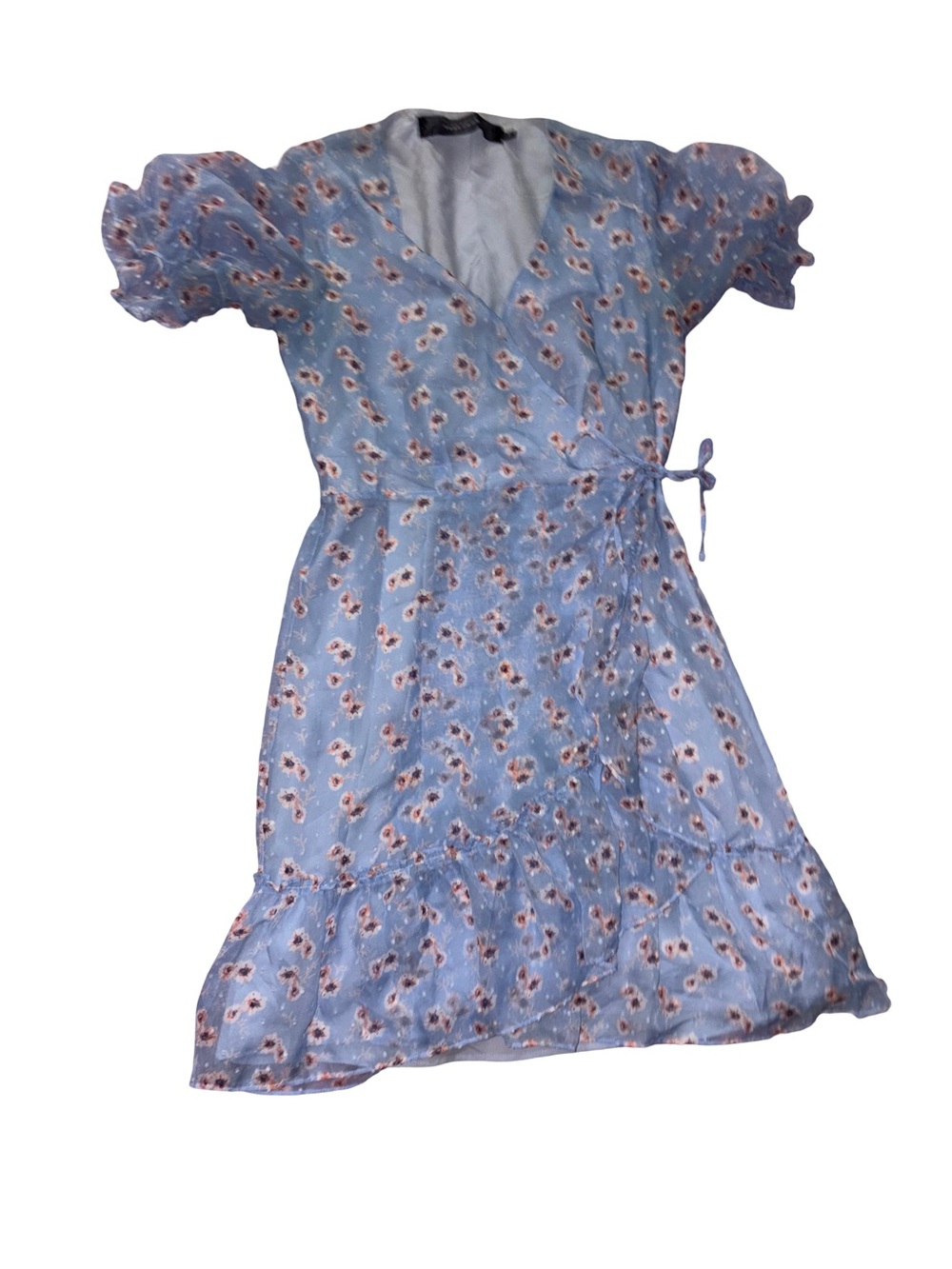 Women's Light Blue Floral Wrap Dress with Tie Waist